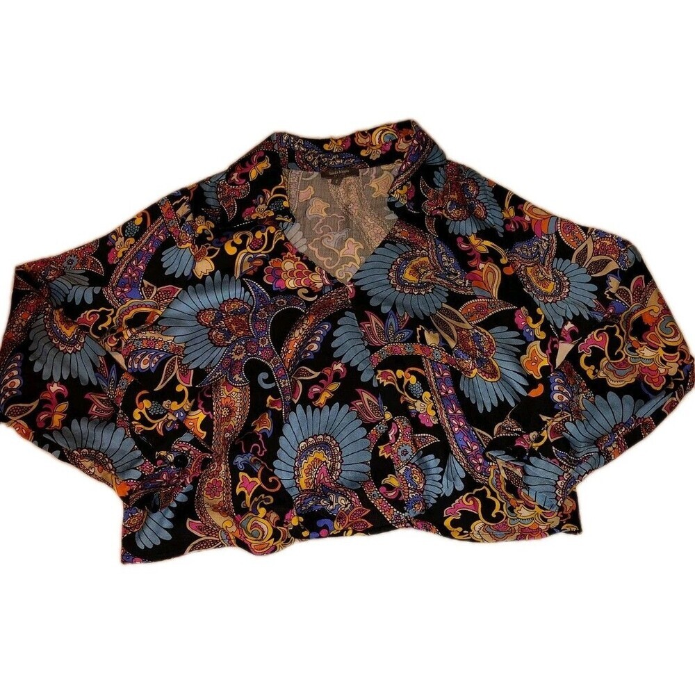 Haute Hippie Cropped Faux Wrap Blouse Paisley Floral Long Sleeve Collared Small